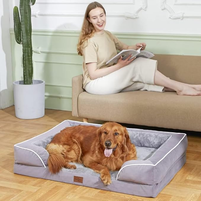 Comfort Expression Orthopedic Dog Bed for Extra Large Dogs 42x30 Inch, Waterproof Supportive Egg Crate Foam XL Pet Bed with Removable Bolsters, Dog Couch with Washable Cover & Non-Slip Bottom, Purple