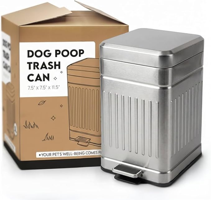 Small Dog Poop Trash Can Outside, 1.3 Gal Stainless Steel Dog Waste Trash Can, Waterproof Small Poop Bucket Outdoor with Lid, Poop Pail for Dogs, Dog Poop Bin Outdoor with Odor Control (Steel)