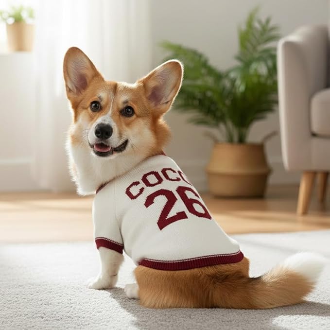 Custom Dog Sweater Personalized Pet Knit Outfit with Name Number Soft Warm Wearable Design for Puppy Owners Idea for Daily Use