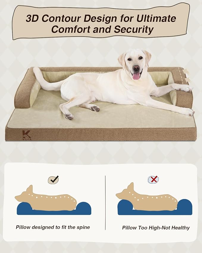 KSIIA Washable Dog Bed XXXL Senior Dog, Orthopedic Warm Soft Pet Sofa Waterproof Pet Couch with Sides, Non-Slip and Egg-Crate Foam Jumbo Beds with Removable Cover, 53x36Inch, Brown