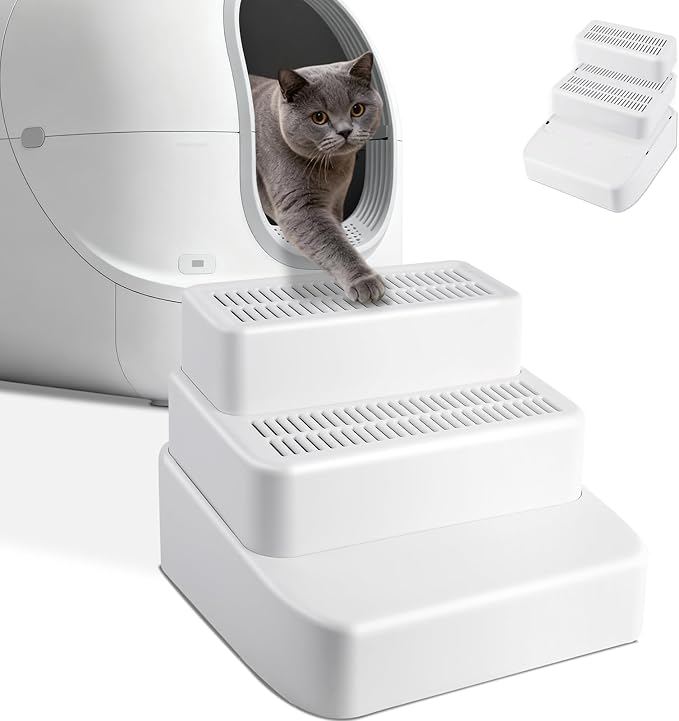 Adjustable 3 Steps Litter Box Ramp, Litter Box Step with Filter Function, Easy to Clean Cat Litter Stair Catcher for Older Cats and Small Cats (White)