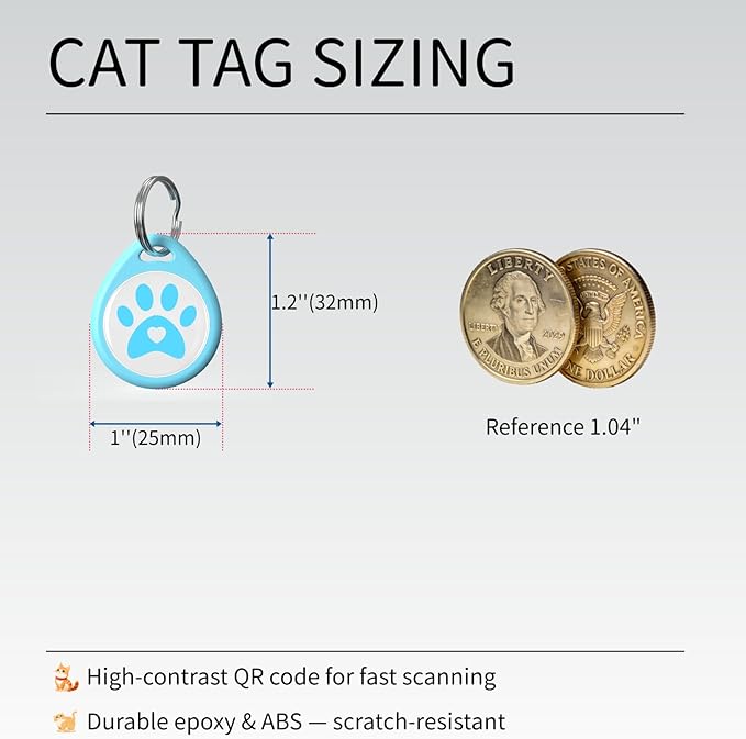 QR Code Cat ID Tag for Collar, Smart Pet ID with Online Profile, Instant Scan to Contact Owner & Location Email Alert, Silent Anti-Lost Cat Tag, No App or Subscription, Blue 1”