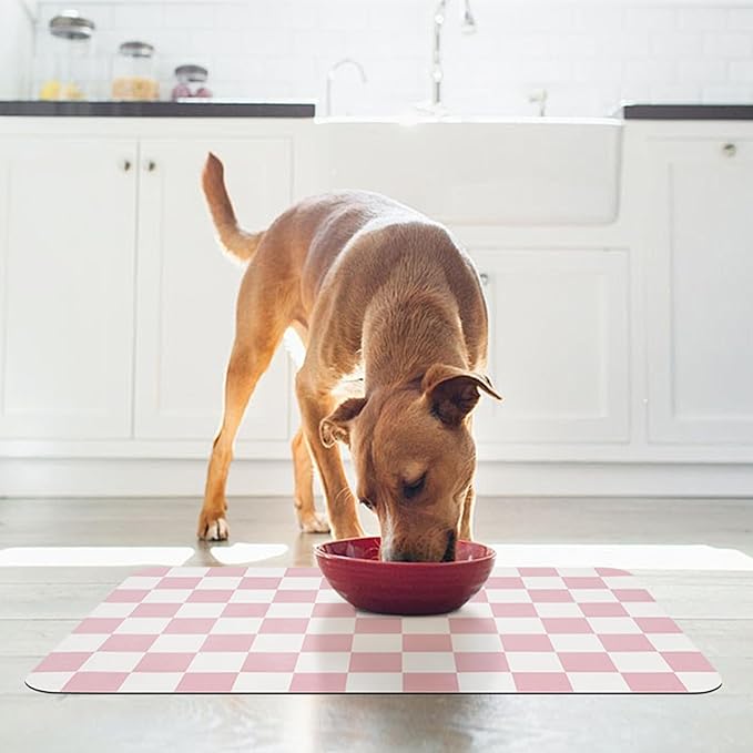 Checkered Dog Food Mat, Absorbent Leak-Proof Pet Feeding Mat, Quick Dry Cat Food Mat for Messy Drinkers 16" x 24" Pink