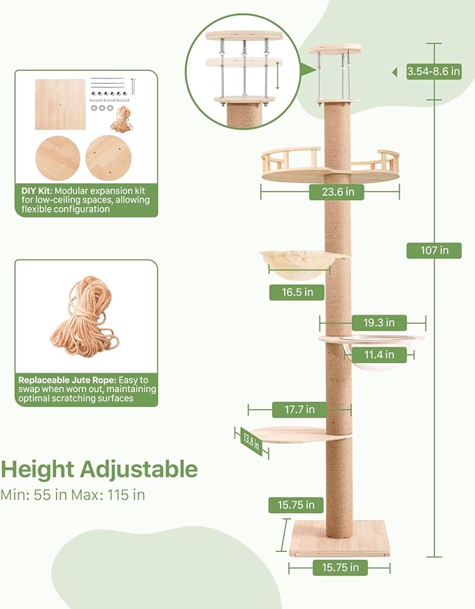 Floor to Ceiling Cat Tree, Adjustable Height (55-115in), 4 Level Tall Cat Tree Tower, Cats Activity Center with Scratching Post, Jump Platform, Hammock & Capsule, Space-Saving Design for Indoor Cats