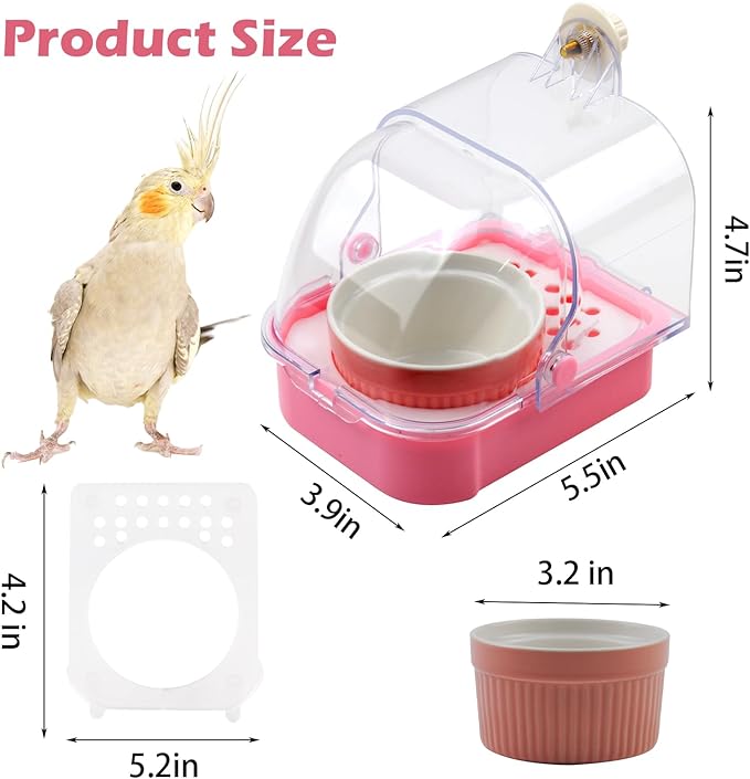 No Mess Bird Cage Feeder,2 in 1 Bird Feeder with Ceramic Bowl Parrot Bathtub with Bottom Drawer Hanging Shower Box for Birds Budgies Parakeet Small Parrot Cockatiels(Pink)