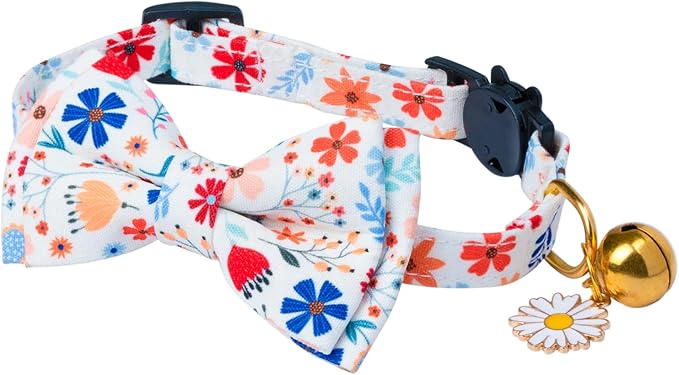 Flower Cat Collar Breakaway With Bow Tie Bell 2 Pack White & Blue Floral Pendant Cute Cat Collars Adjustable Safety Kitty Kitten Collars Soft Fancy Cat Collar for Female Girl Cats Male Boy Cats