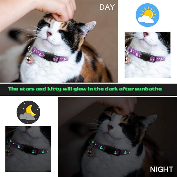 Baeuppit 2PCS Breakaway Cat Collars with Bell Cute Kitty Glow in The Dark Adjustable Kitten Collars(Grey&Black)