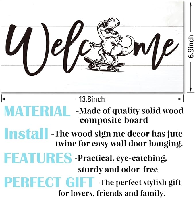 Welcome Sign for Front Door, Welcome Decor Wooden Hanging Sign, Fun and Trendy Dinosaur Wall Hanging Decor, Funny Wooden Outdoor Front Door Decoration 13.8X6.9 inches