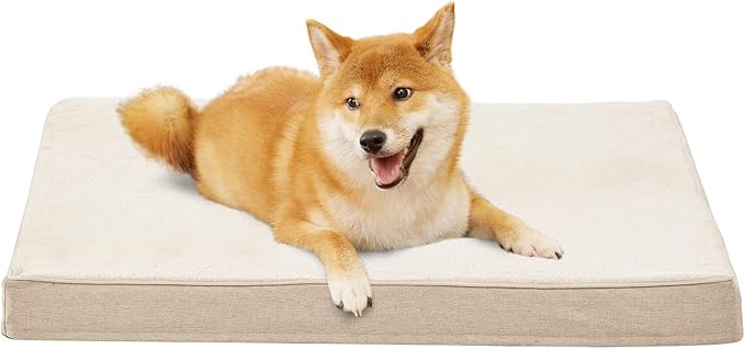 Memory Foam Large Dog Bed, Cooling Dog Beds for Large Dogs, Washable Orthopedic Pet Bed for Crate with Joint Relief Memory Foam, Waterproof Liner and Plush Cover (35"x 22", Beige)