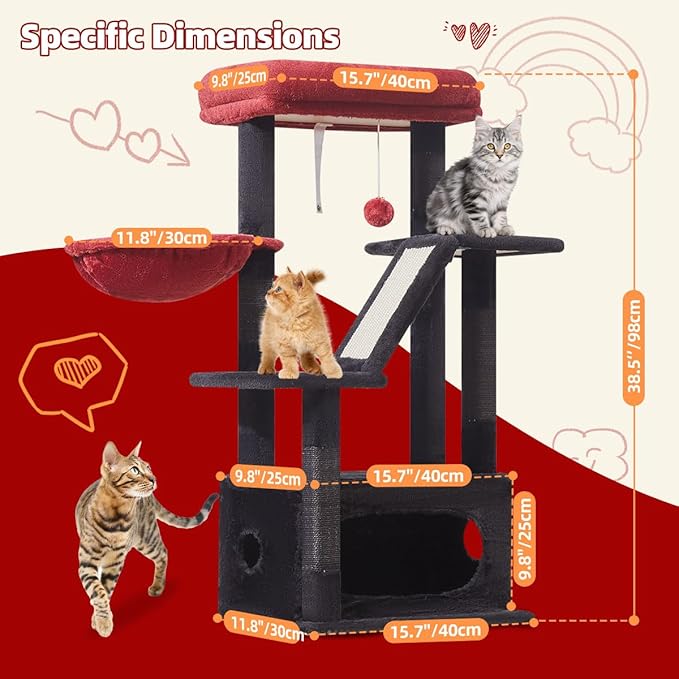 Taoqimiao Gothic Cat Tree,38.5-Inch Cat Tower for Indoor Cats,Suitable for Kittens with Luxurious cat condo with Adjustable Baskets and Luxurious Perch MS029SBR Black and Red