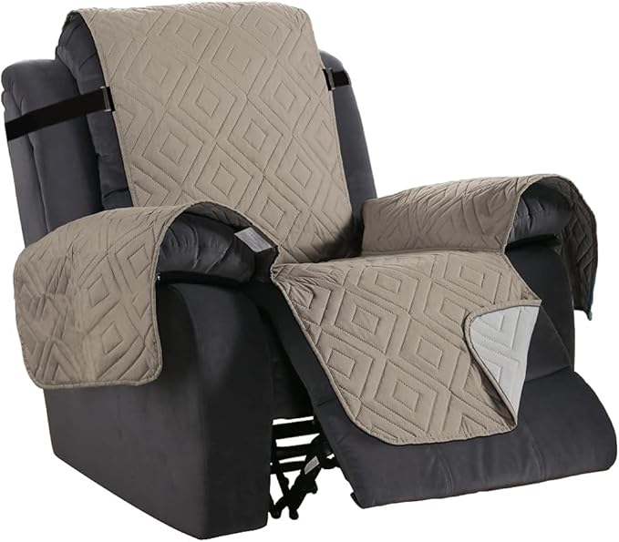 H.VERSAILTEX Reversible Quilted Recliner Covers Water Resistant Furniture Protector for Reclienr Chair with Elastic Straps for Pets Kids Sitting Width Up to 22"(Recliner, Khaki/Beige)