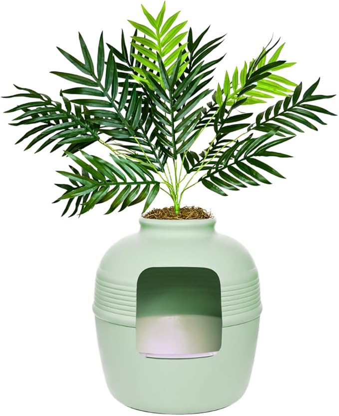 Good Pet Stuff Hidden Litter Box Planter, Decorative Cat Litter Enclosure with Carbon Filter, Artificial Plant, Easy Clean, Removable Liner, Round Style, Essentials Kit, Sage Green