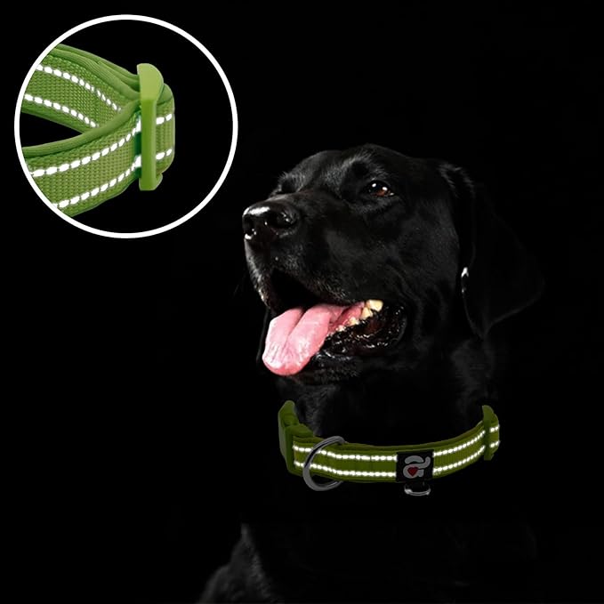 azuza Reflective Dog Collar, Soft Neoprene Padded Pet Collar with ID Tag Ring, Adjustable for Puppy and Small Dogs,Army Green,XS