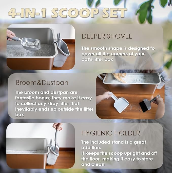 4-in-1 Cat Litter Scoop with Holder, Cat Litter Box Organizer Cleanup Kit - Sweeper & Dustpan, Aluminum Kitty Litter Scooper and Storage Caddy (Gray)