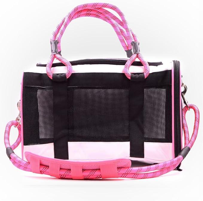 Buddy's Best Airline Approved Pet Carrier – White & Pink Heavy Duty, Fits Under Seat, TSA Compliant, Ventilated Mesh Design w/Waterproof Base & Reflective Safety Strips