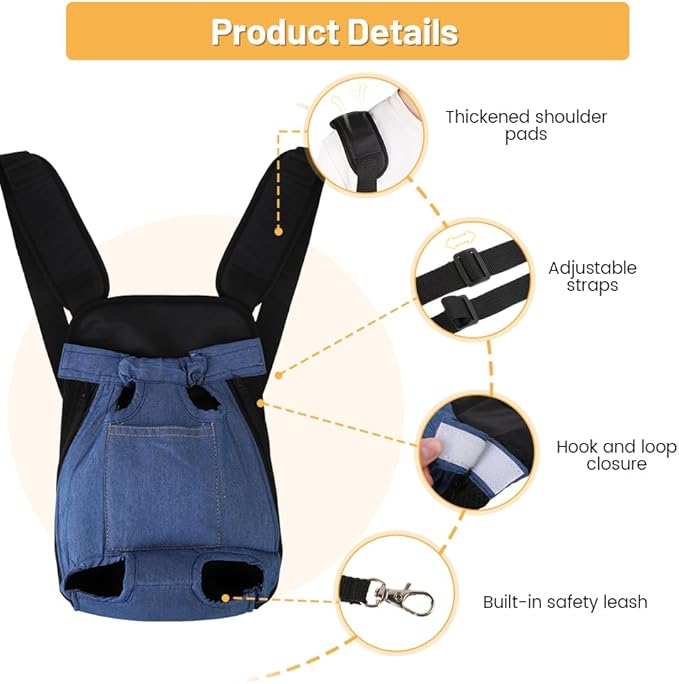 Inspack Dog Backpack Carrier/Cat Carrier, Adjustable Pet Front Carriers Travel Bag for Puppy Dogs, Legs Out, Soft Ventilated Dog Chest Carry Backpacks for Hiking/Camping, 10-16 lbs, Indigo Denim