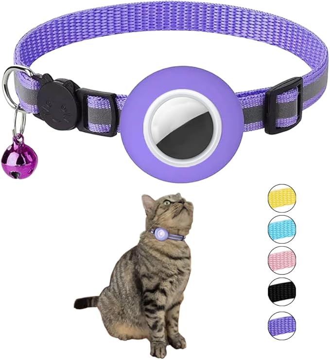 Tracker-Ready Breakaway Cat Collar (No Tracker Included) - Detachable GPS Holder + Safety Bell - Adjustable Reflective Collar with Quick-Release Buckle - for AirTag/Tile Compatible (Purple)