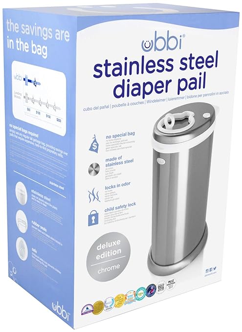 Ubbi Steel Diaper Pail, Odor Locking, No Special Bag Required, Award-Winning, Registry Must-Have, Chrome
