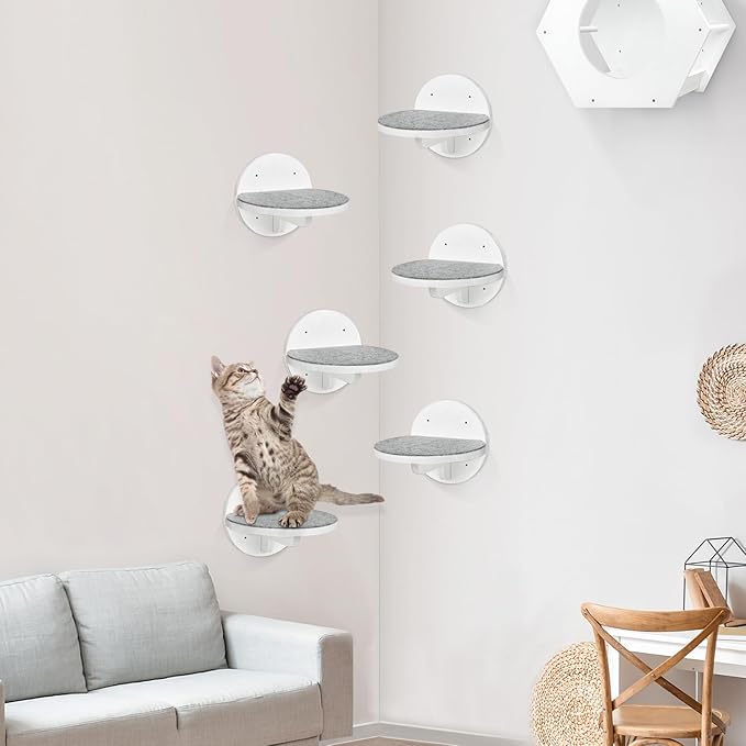 Cat Wall Shelves Furniture Set of 6, Wooden Cat Steps for with Scratching Pad, Sturdy Floating Climber Ladder Stairs, Cats Climbing Wall Systems for Cats Sleep Climb Play (White)