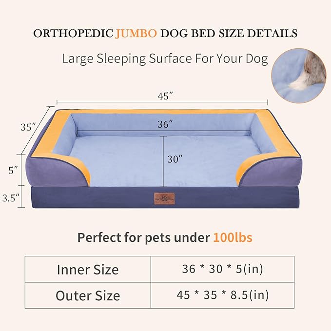 Comfort Expression Orthopedic Dog Bed for Extra Large Dogs 45x35 Inch, Waterproof Egg Crate Foam XL Pet Bed with Removable Bolsters, Dog Couch with Washable Cover & Non-Slip Bottom, Twilight Wave