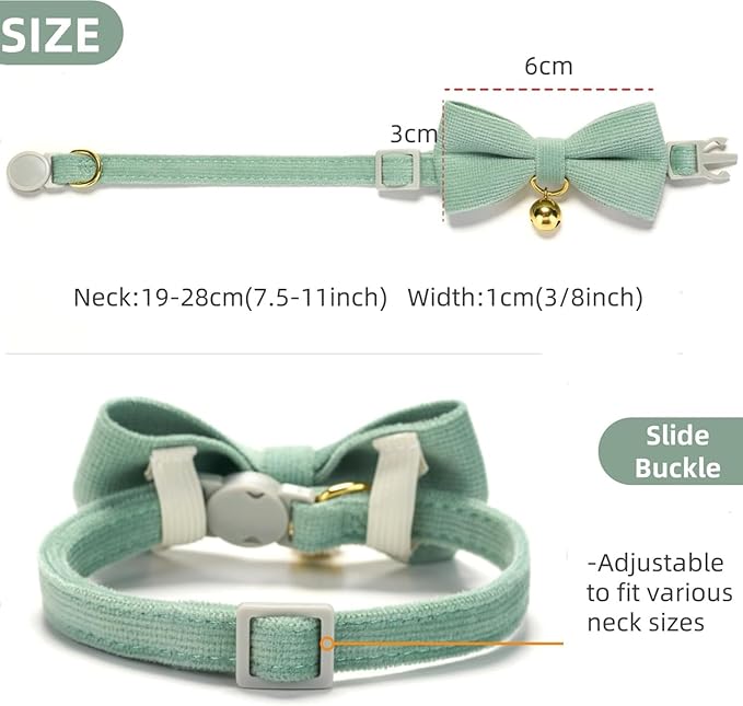 Soft Corduroy Cat Collar with Bell and Bowtie, Safety Breakaway Clasp, Adjustable for Kitten and Cats Grass Green Color.