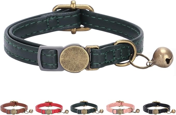 THAIN Leather Cat Collar with Bell Breakaway- Adjustable, Durable, Retro Bell fit Most Cats and Kittens (Dark Green)
