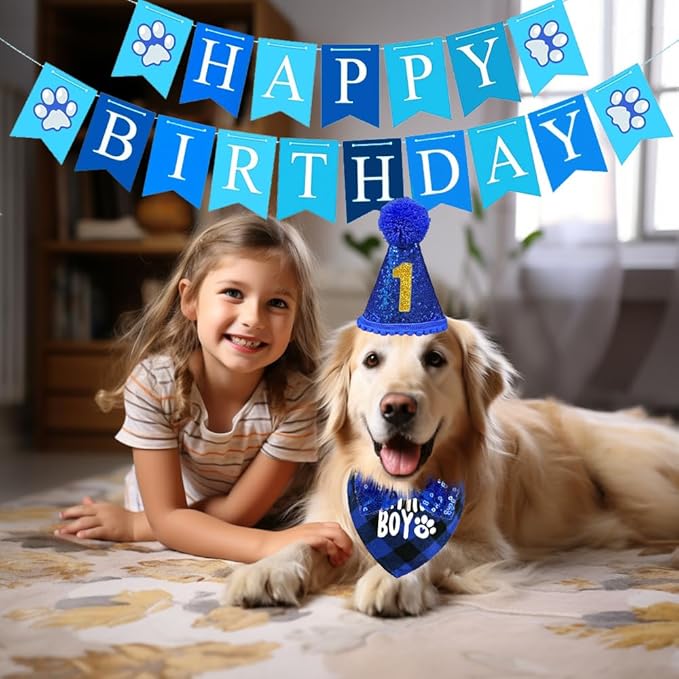 Dog Party Supplies, Boy Bandana With Hat Bow Tie Number, Cute Scarf and Happy Birthday Banner Set for Large Medium Small Dogs Pet (Blue)