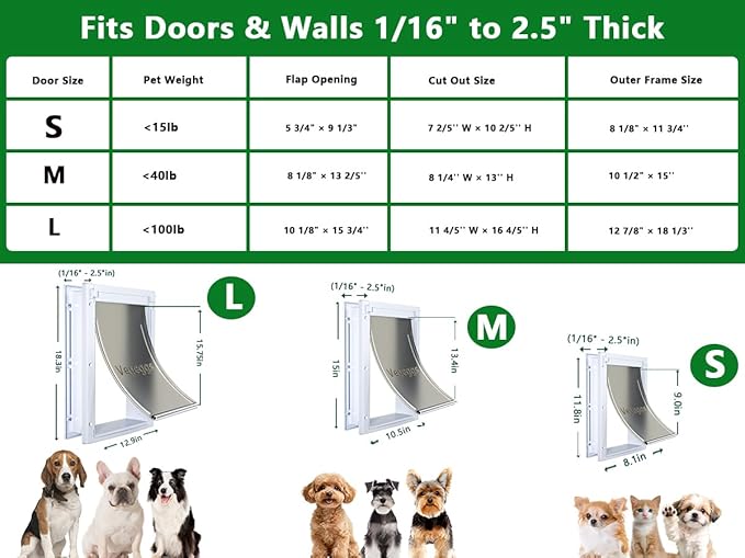 Dog Door Doggy Door Easy Install - Wood & PVC Doors & Walls，Dgooie Free Movement & Flexible Control - 2 Magnetic Flaps & Sliding Lock,Telescoping Frame,8 1/8" x 13 2/5" for Medium Dogs Up to 40 lb