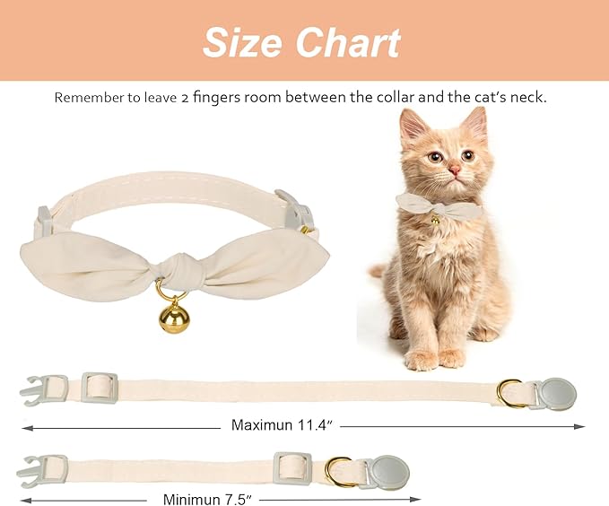 Bunny Ear Cat Collar with Bell and Bow Tie, Breakaway Cute Bowtie Kitten Collars(Cream)