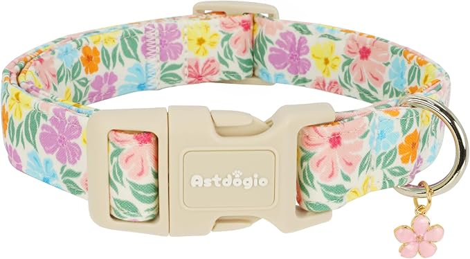 Cotton Dog Collar with Colorful Flowers for Spring Summer, Adjustable Puppy Dog Collars for Small Medium Large Dogs, Cute Girl Boy Dog Collar Ideal for Gifts,Pet Accessory,L
