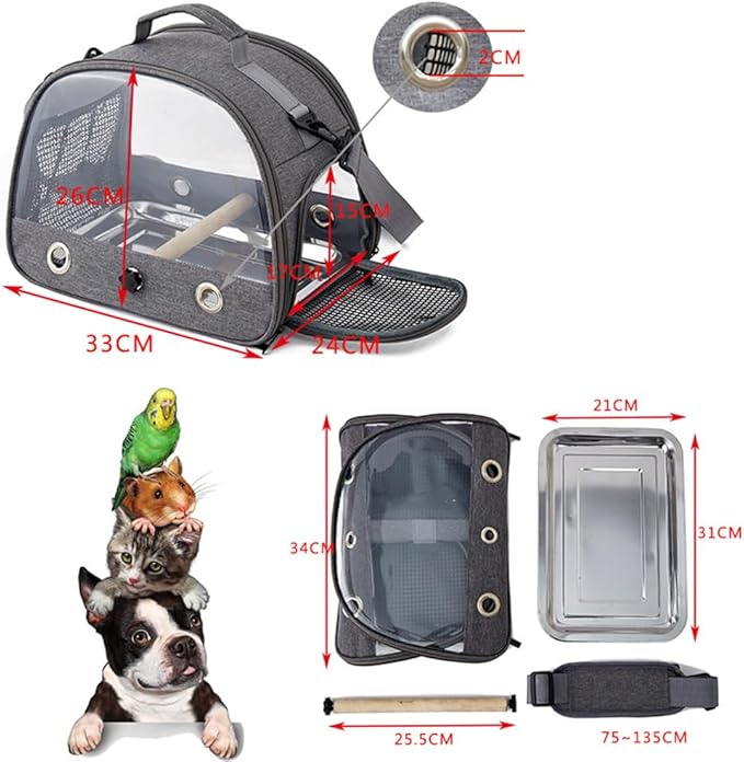 Bird Travel Carrier with Stainless Steel Tray,Lightweight Breathable Parrot Cage with Removable Wooden Stand Stick and Long Shoulder Strap,Bird Cages for Parakeets Budgie