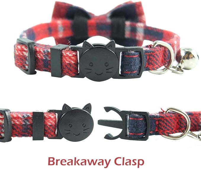 Cat Collar Breakaway with Bell and Bow Tie, Plaid Design Adjustable Safety Kitty Kitten Collars(6.8-10.8in)(Red Plaid 3)