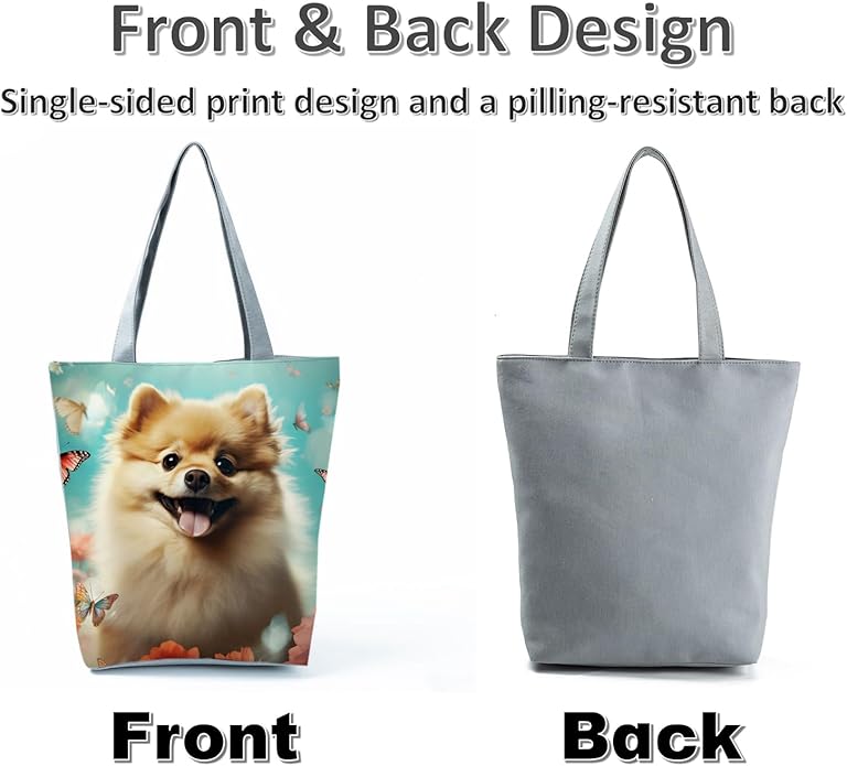 Cute Dog with Butterfly and Floral Design Tote Bag with Zipper Closure Outdoor Great for Carrying Pet Supplies Handbag Nice Birthday Holiday Gift Idea for Dog Owner Animal Lovers Shoulder Bag