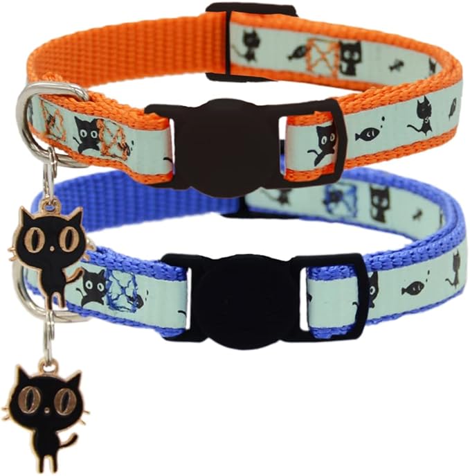 2 Pack Glow in The Dark Cat Collar with Bell Breakaway Safety Cat Puppy Collars with Pendant Orange and Blue