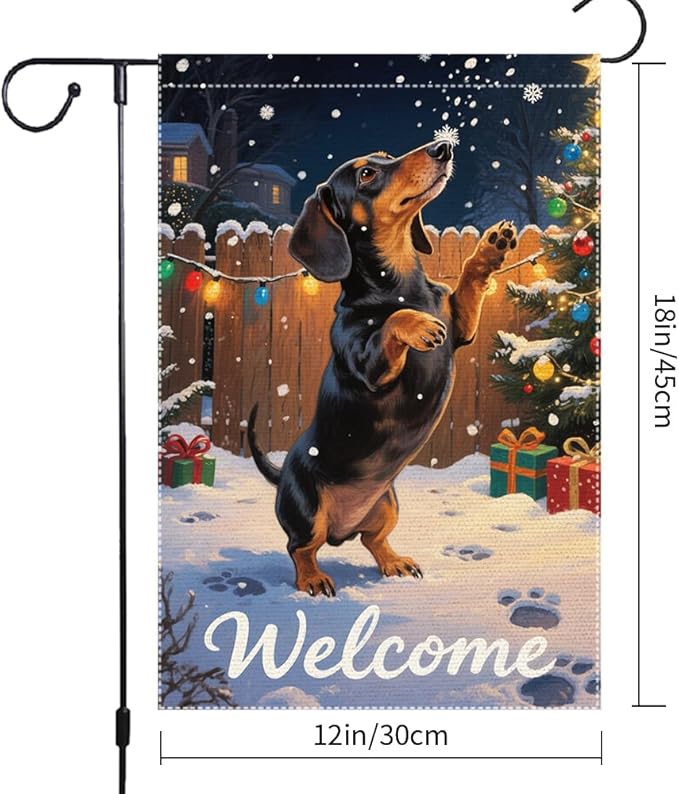 Dachshund Welcome Garden Flag 12x18 Inch Double Sided Christmas Burlap Yard Banner Winter Holiday Outdoor Decor for Dog Lovers Home Seasonal Decoration