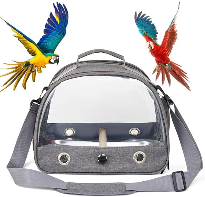 Bird Travel Carrier with Stainless Steel Tray,Lightweight Breathable Parrot Cage with Removable Wooden Stand Stick and Long Shoulder Strap,Bird Cages for Parakeets Budgie