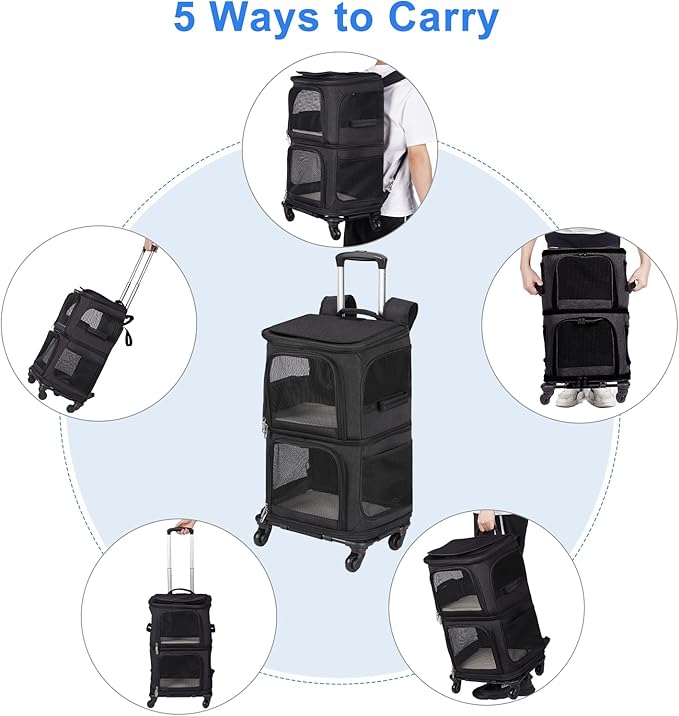 Double Pet Carrier Backpack with Wheels for Small Cats and Dogs, Rolling Cat Travel Carrier, Super Ventilated Design, Ideal for Traveling/Hiking/Camping, Black