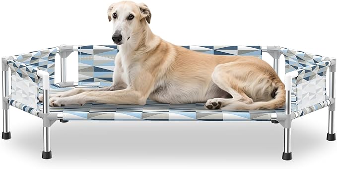Elevated Dog Bed with Guardrail, Cooling Outdoor Pet Cot with 5-Sided Fence，Raised Dog Cot with 6-Metal Frame