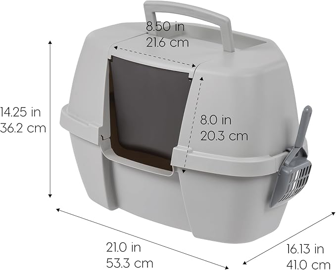 IRIS USA Corner Cat Litter Box Enclosed with Scoop - Privacy and Easy Access for Cleaning, Odor Defensive Hooded Litter Tray, Sturdy Stain Resisting Plastic, Fits in Most Corners, Gray