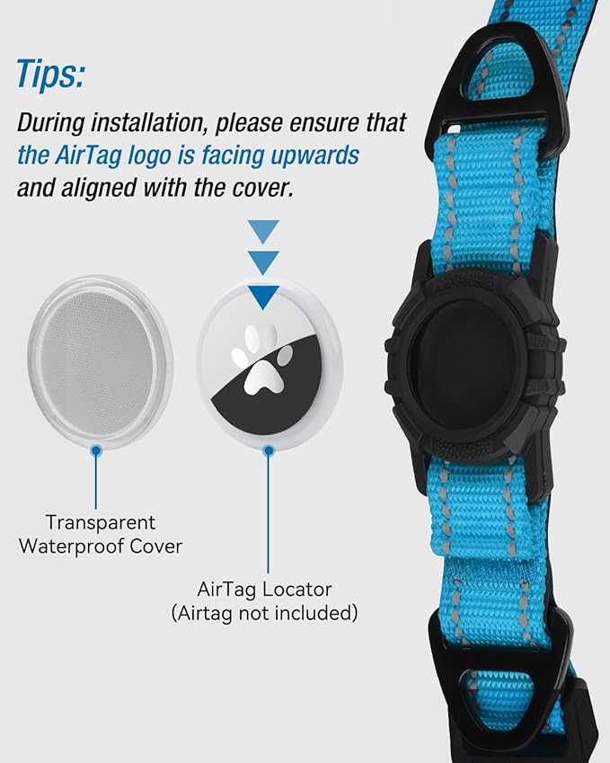 Joytale Airtag Dog Collar, Reflective Pet Collar with Waterproof AirTag Holder, Dual D-Rings, Soft Padded Adjustable for Small Dogs, SkyBlue, S