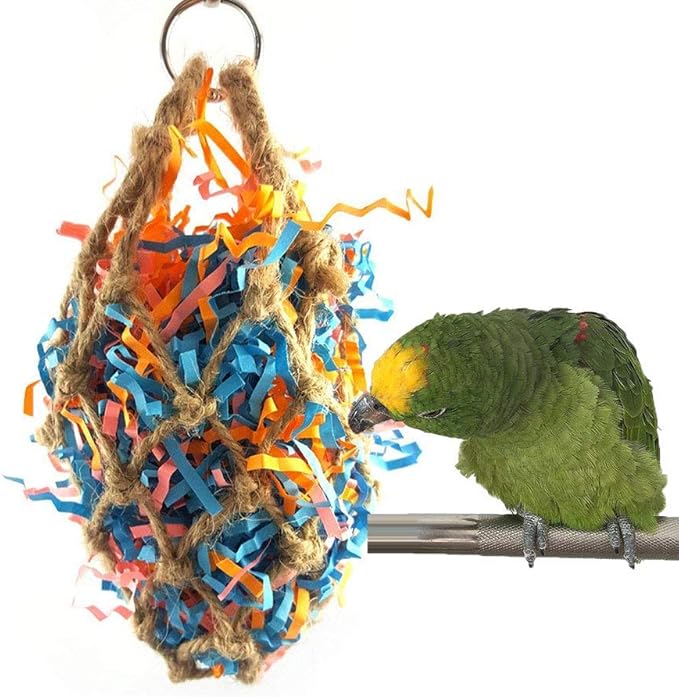 Wontee Bird Jute Paper Strips Parrot Mesh Bag Hanging Chewing Toy for Parakeet Cockatiel Conure Cockatoo African Grey Macaw