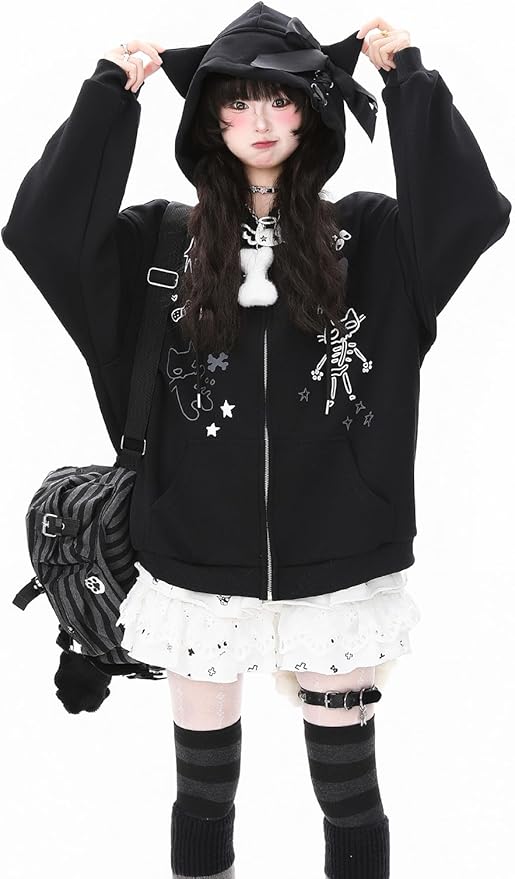 Womens Y2K Zip Up Cute Graphic Hoodies Cat Ears Casual Cartoon Harajuku Kawaii Clothes Oversize Streetwear Jacket