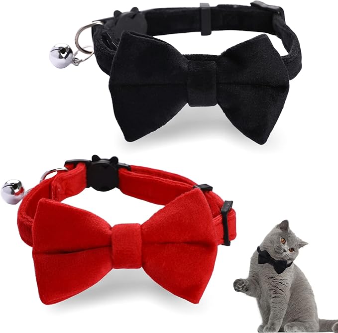 Sliverdew 2 Pcs Velvet Cat Collar with Bell and Bowtie, Adjustable Breakaway Cat Collars Kitten Small Puppy Safety Bow Tie Solid Wedding Basic Color Cat Bow Tie Collar
