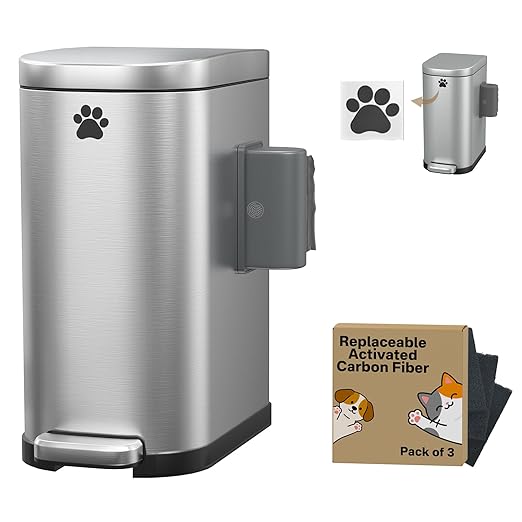 Dog Poop Trash Can Outside with Odor Control Lid & Step Pedal, 3.2Gal Stainless Steel Outdoor Trash Can, Waterproof Dog Waste Container Station - Includes Carbon Filters & Paw Stickers