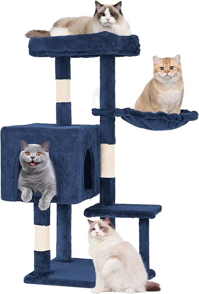 FDW 37.8 inch Cat Tree Cat Tower for Indoor Cats with Scratching Posts,Multi-Level Cat Furniture Activity Center Stand House Cat Condo Modern Cat Tower with Hanging Cradle & Funny Toy,Navy Blue