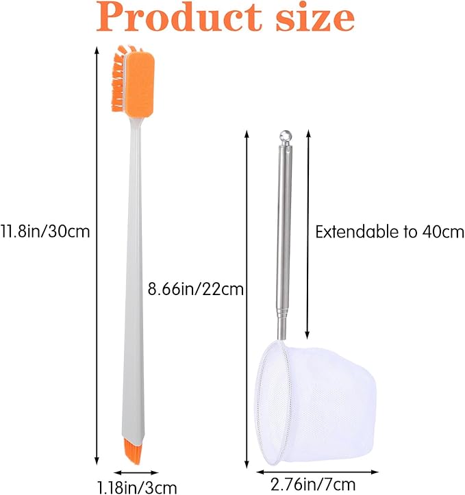 2 Pcs Small Fish Tank Cleaner Brush with Fishing Net Algae Scraper Fish Tank Brush Scrubber Sponge Tool Long Handle for Cleaning Glass Acrylic Aquariums Home Kitchen