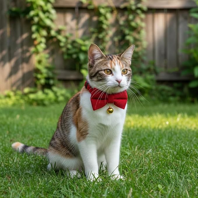 THAIN Cat Collar with Bow Tie and Bell, Breakaway Adjustable Cute Soft Corduroy Kitten Collars Safety Buckle for Girl Cats(Solid Red)