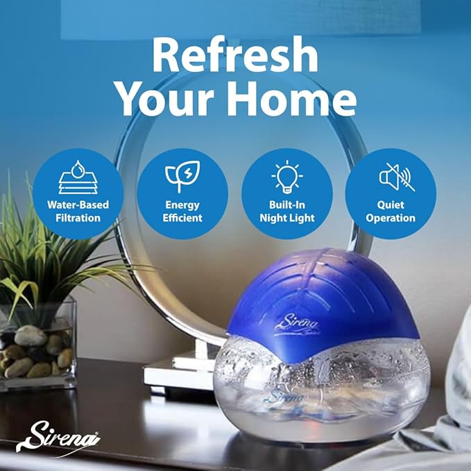 Sirena Twister Air Purifier (Blue) - Water Filter Air Washer For Home and Office - Essential Oil Aroma Diffuser With LED Night light - Small Air Cleaner For Smoke and Pets