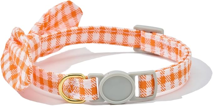2 Pack Cotton Cat Collar, Removable Bowtie, Floral Pattern, Safety Breakaway Clasp, Adjustable for Cats.(Adult Cat, Orange Plaid and Floral)