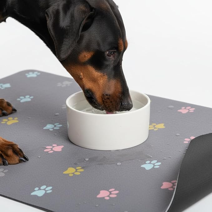 Cat Food Mat Absorbent Dog Mat for Food and Water Non Slip Quick Dry Dog Bowl Mats for Floors 24" X 16" Paw Light Gray